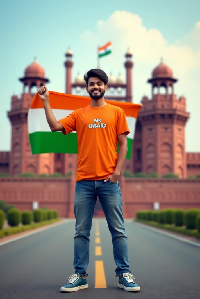 A real 20 years old boy, Wearing Orange T shirt blue jeans sneakers and the name “MR-UBAID” is written on his t-shirt and the boy is standing on the road with holding a national flag of India, and behind him is the Red Fort Delhi. And written on sky “Independence Day” Create Realistic image high quality