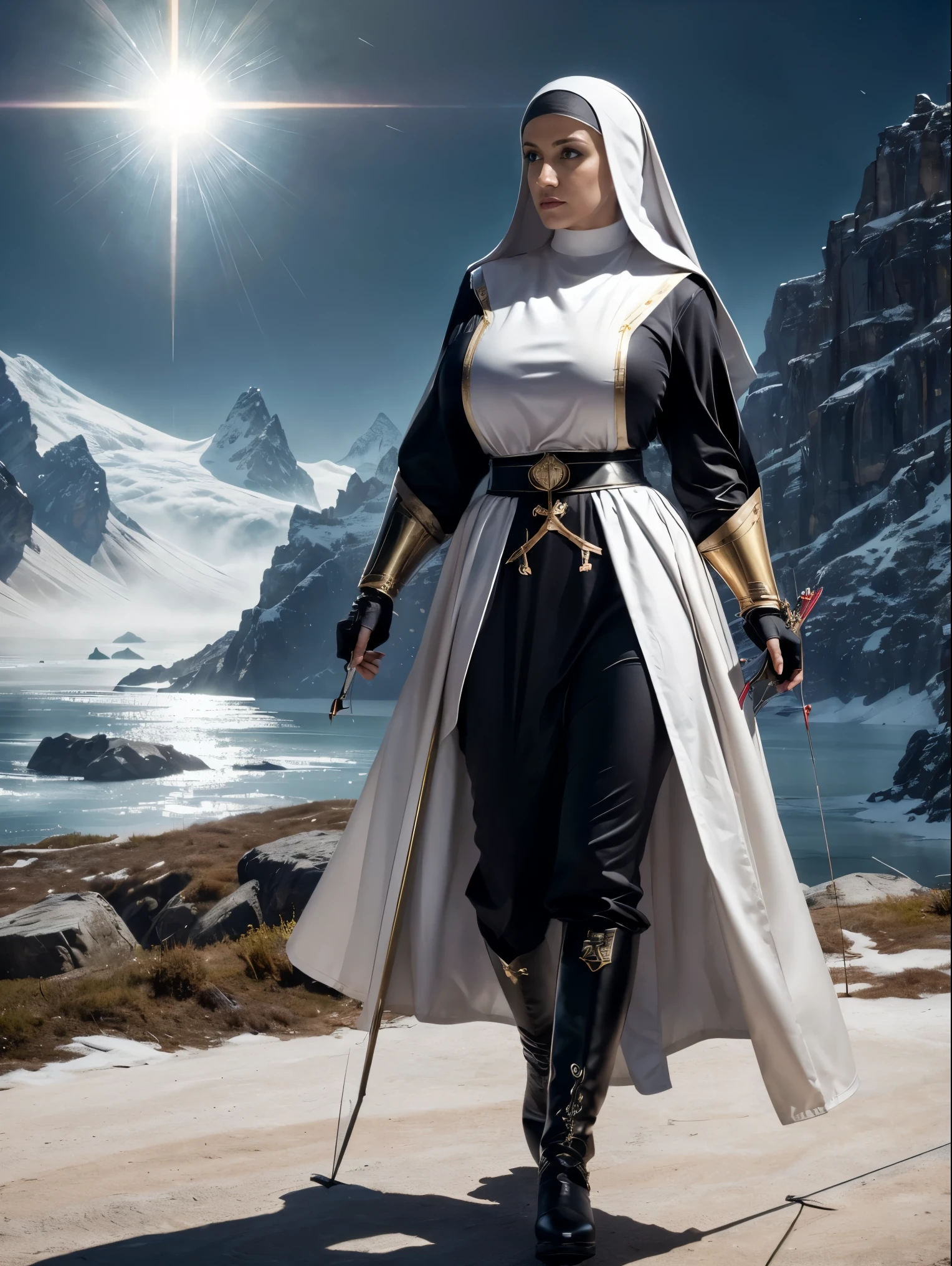 (masterpiece, top quality, best quality, official art, beautiful and aesthetic:1.2), (1girl:1.3), ((Sharp facial features, sharp features, hawkish features)), ((grey eyes)), busty paladin knight girl, extremely detailed, portrait, looking at viewer, solo, (full body:0.6), detailed background, full-body shot, (cold mountain nighttime glacier theme:1.1), holy knight, (nun), charlatan, smirk, mysterious, swaying in mountains, armor, polished metal, gold trim, long boots, white fabric, pelvic curtain, robe, pale leather, ((((nun, crossbow, heavy armor, armored, long legs, robes, prayer scrolls, toned, muscular)))), slim waist, slim hips, long legs, medieval (mountain exterior:1.1) background, dark mysterious lighting, shadows, magical atmosphere, dutch angle