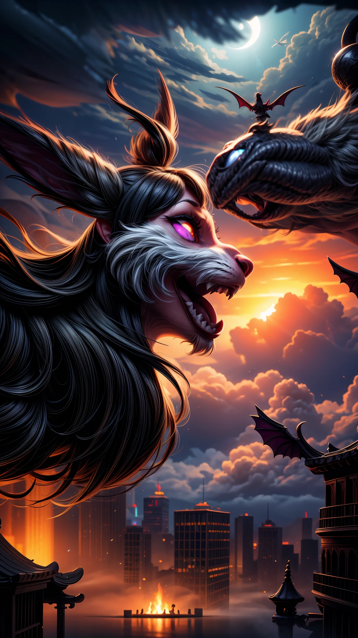 A city shrouded in mystical fog、Demons smile in the sky