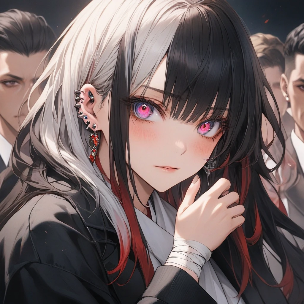 high resolution, Anatomically correct, best quality, Highly detailed, 1 woman, looking at the audience, Anatomically correct, best quality, colorful hair, Hair highlights, white hair, black hair, Uneven hairstyles, Uneven bangs, I have very long hair., full bangs, big breasts, Dark makeup, Embarrassed, Light blush on the cheeks, Dark eyes that are multi-colored, Gradient eye color, The left and right eyes are different colors., Close-up photography, Anime style, Jacket,Wrist bandage,blood on face,thug,mafia,adult body,Sharp eyes,Multiple ear piercings