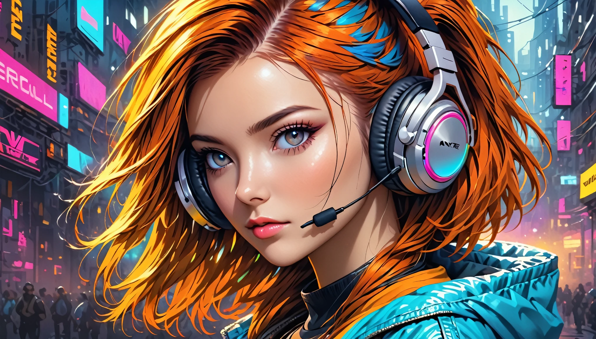 girl with wireless headphones, cyberpunk style, colorful, portrait, pop culture, realstic style