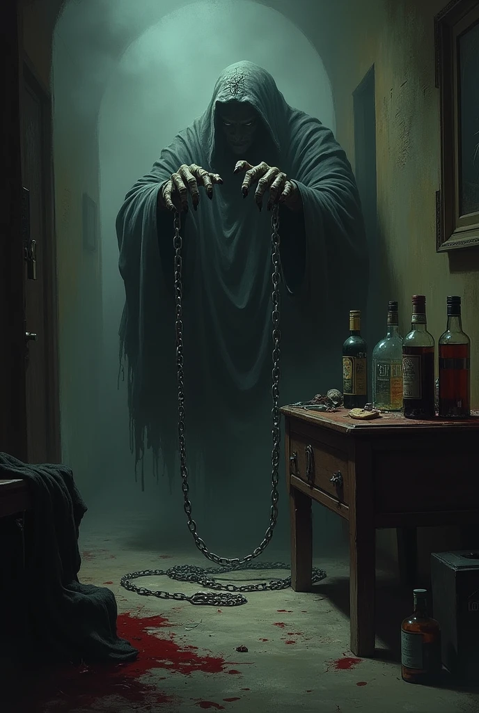 The hands of a demon holding a chain on a table where there is alcohol and drugs in a dark hallway