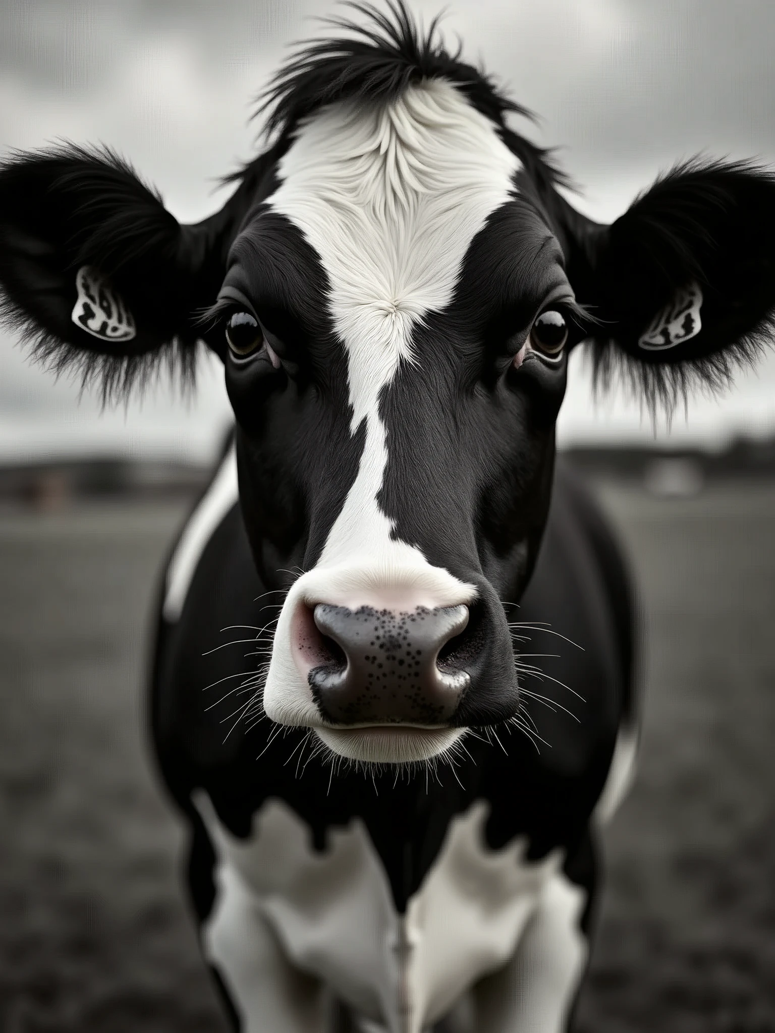 A close-up of a black and white Holstein cow looking directly at the camera