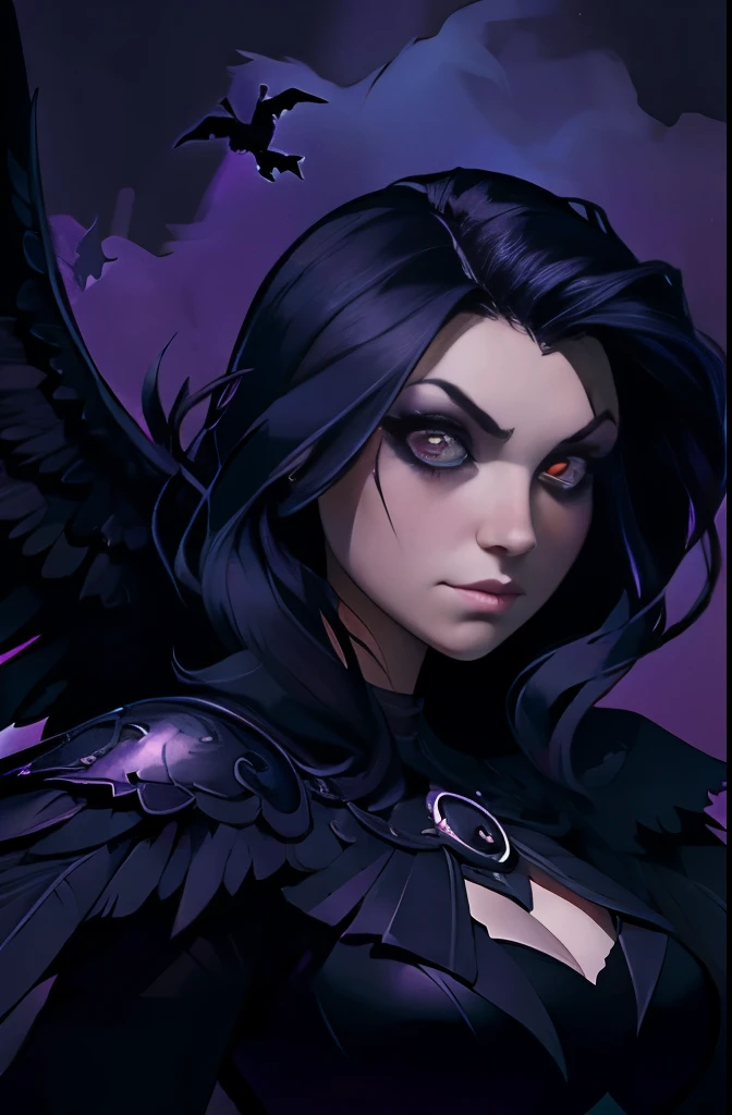 a dark haired woman with wings and a purple background, dark feathered wings, raven monster, dark fantasy style art, in style of dark fantasy art, raven wings, dark fantasy illustration, fantasy dark art, an ominous fantasy illustration, jen bartel, among ravens, dark illustration, dark fantasy art, raven, dark crow, by Yang J, dark art style