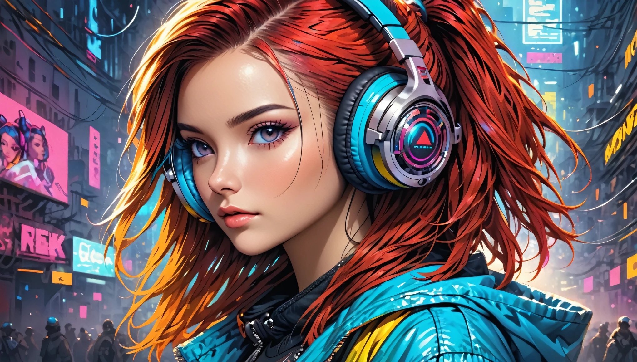 girl with wireless headphones, cyberpunk style, colorful, portrait, pop culture, realstic style