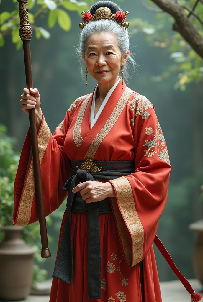 60 years old,Costume,Beautiful woman,Holding a cane,Will martial arts