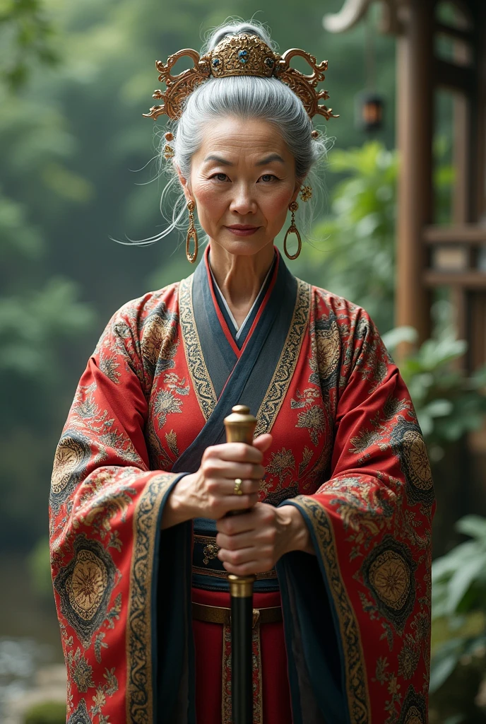60 years old,Costume,Beautiful woman,Holding a cane,Will martial arts