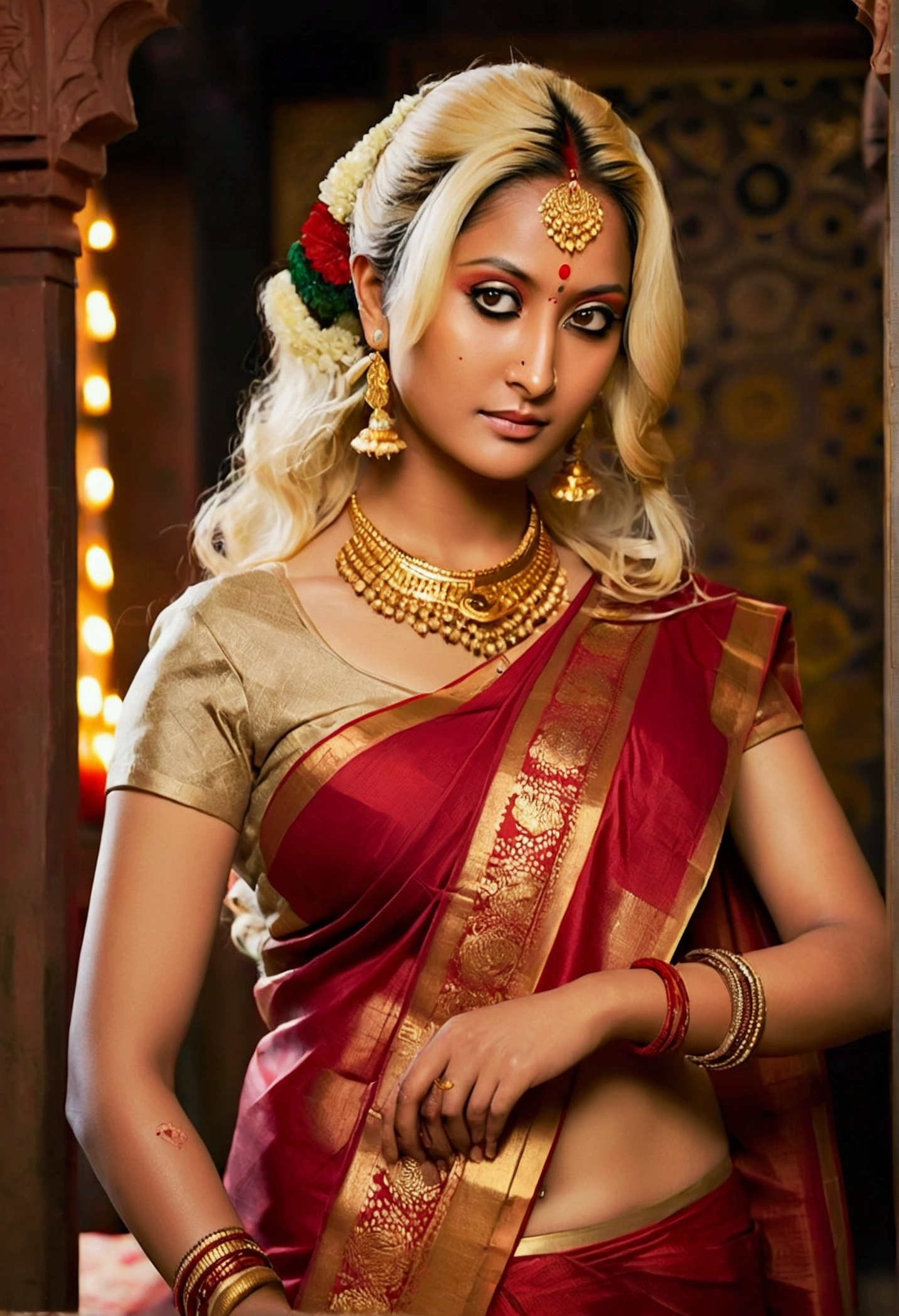 Realistic, real, realism,MILF, ABSOLUTE BEAUTY,A reimagined Tsunade Senju in a tantalizing, traditional Indian avatar. She is wearing a crimson and gold-embroidered saree that clings to her voluptuous figure. The revealing blouse showcases her ample breasts, and her toned midriff is visible, adorned with intricate tattoos. The saree is artfully arranged, revealing a glimpse of her shapely leg. Her long, wavy blonde hair cascades down her back, and she wears a traditional red bindi on her forehead with a necklace of gold coins. The background is dimly lit, with candles and incense creating a mysterious atmosphere. Her expression is confident and playful, with a slight smile that adds to her allure. The scene blends traditional Indian elegance with a seductive twist, capturing Tsunade's powerful and exotic beauty.