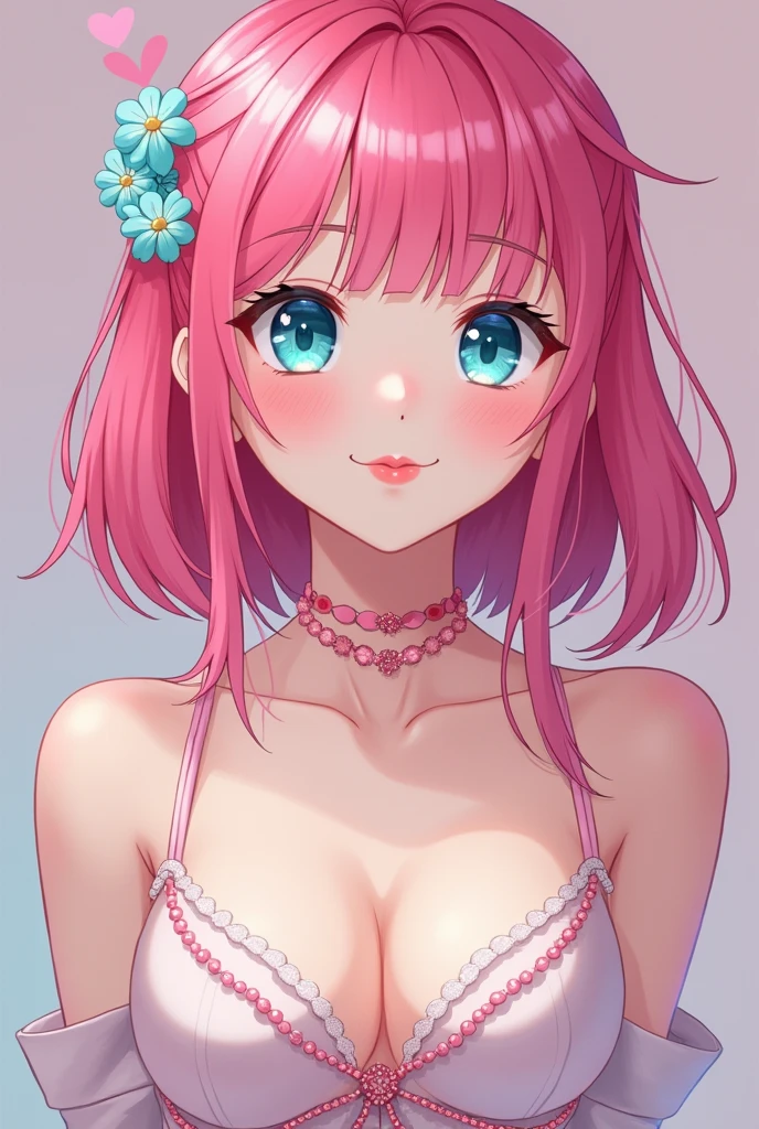 (pastel color palette), detailed aqua eyes, pink hair, (aqua eyes), Official art, Unity 8k Wallpaper, Ultra-detail, Beautiful and aesthetic, masterpiece, Best Quality, 1girl, (()), Extremely detailed, elegant, vivd color, romanticism, arms behind back, kawaii fashion, shiny skin, sexy posheavy blushing, upper body, straight on, (cleavage), aphic design, (((anime style))), portrait,