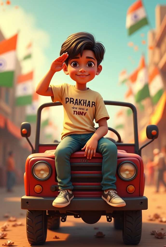 Saluting boy sitting on thar on independence day
and add name Prakhar
to the T- shirt