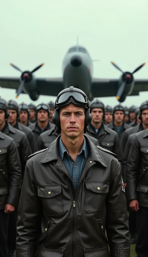 Set the scene in 1944, during World War II, at a military airfield. Depict nine American pilots standing in formation, saluting. They should be wearing World War II pilot gear, including leather jackets, helmets, and goggles. In the center of the group, place 20-year-old George H. W. Bush, with a youthful and determined expression. Position a World War II bomber or fighter plane in the background, suggesting it was the aircraft used for their mission. The mood of the image should convey the gravity and tension of wartime, highlighting honor and courage, Cinematic style