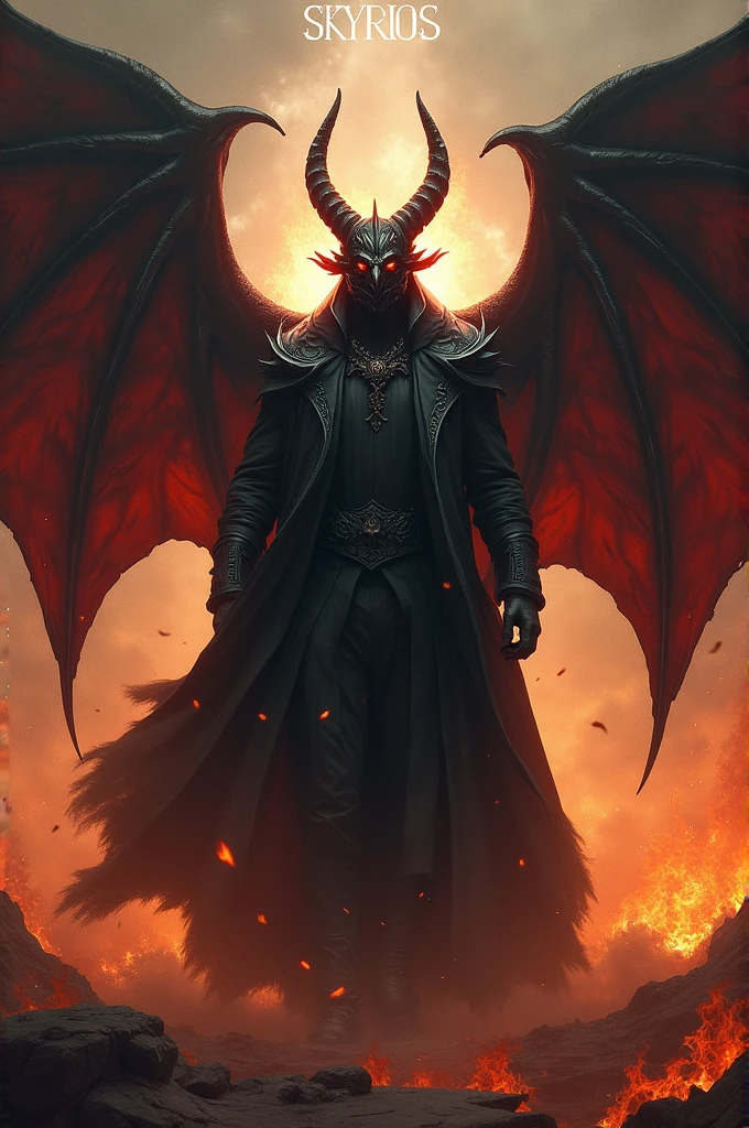 man with devil wing a mask of devil bird fire back ground with sign of SKYRIOS