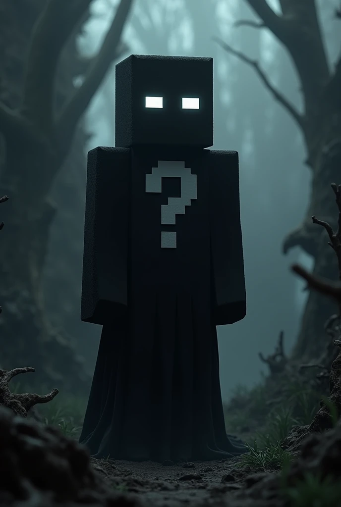 All-black Minecraft character with a white question mark on his chest and white eyes in a macabre setting