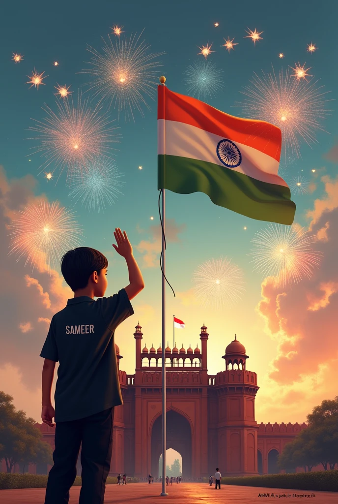 A boy wearing black half shirt and on it SAMEER name is written and in his background there is Red fort on which the medium size tricolour settles and the boy saluting the tricolour in formal way. Above him and red fort there are two fighters that are flying over him. Whole sky is coloured with 12 star crackers shots