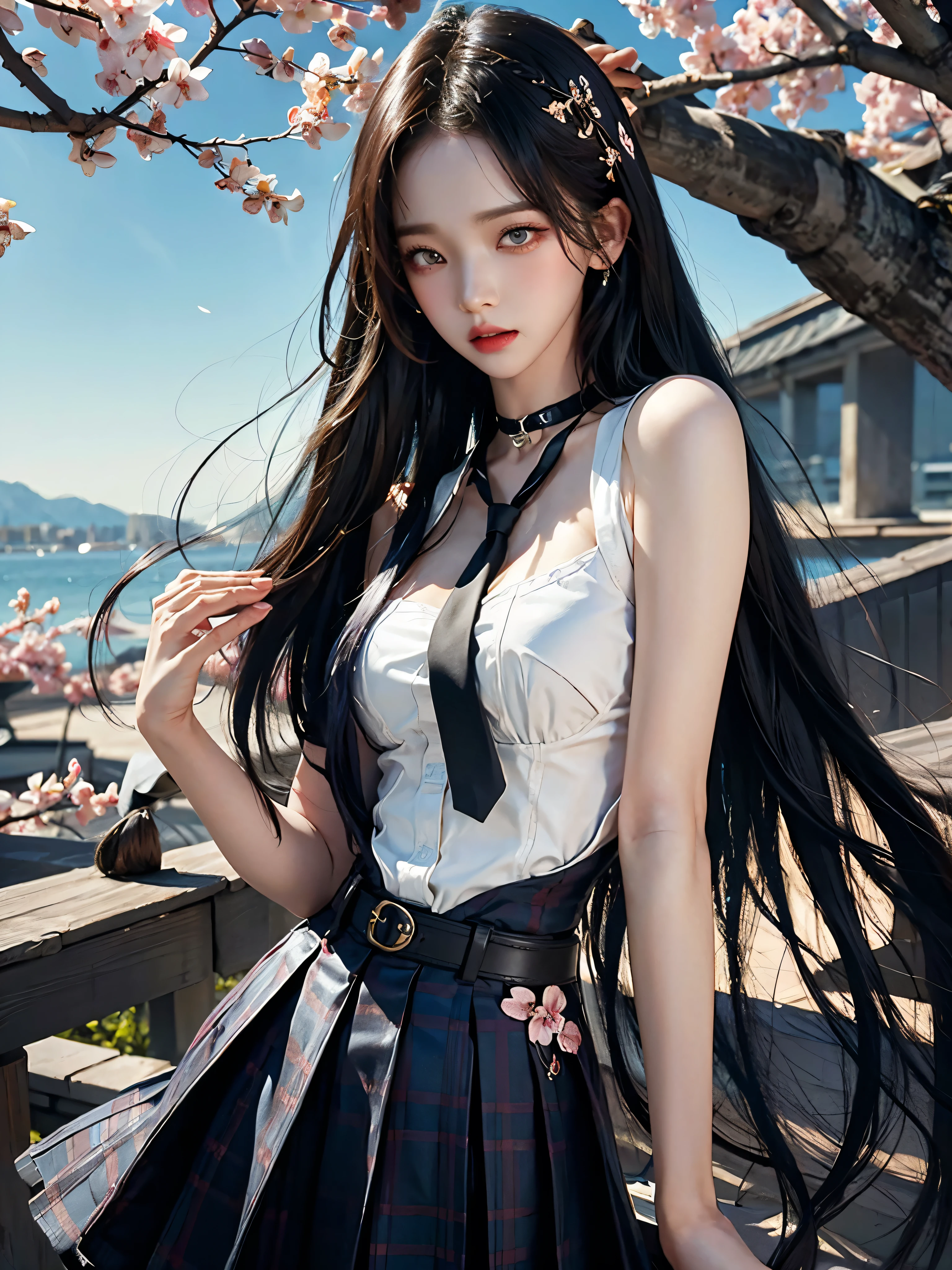 큰 chest, 젖어서 chest이 보이는 흰색 shirt, masterpiece, best quality, whole body, 1 woman, forehead, black choker, black necktie, blond hair, blue skirt, blush, bracelet, chest, choker, clothes approximately waist, clavicle, collared shirt, cowboy shot, dress shirt, ear piercing, eyebrows visible through hair, gradient hair, 이를 드러내고 laugh, fix, bijouterie, Kogal, long hair, looking at viewer, loose necktie, necktie, piercing, plaid, plaid skirt, pleated skirt, red eyes, ring, , shirt, skirt, laugh, alone, distance, sky, Cherry Blossom, petal,illustration, (Magazines:1.3), (sheathe-style:1.3), fashionable, female, vibrant, outfit, posing, front, fancy, dynamic, background, coercion, confidence, expression, possession, name, accessories, majestic, coil, approximately, touch, scene, texts, sheathe, brave, attracting attention, title, Refined, font, catchy, headline, bigger, striking, modern, Trend, Concentrate upon, fashion,