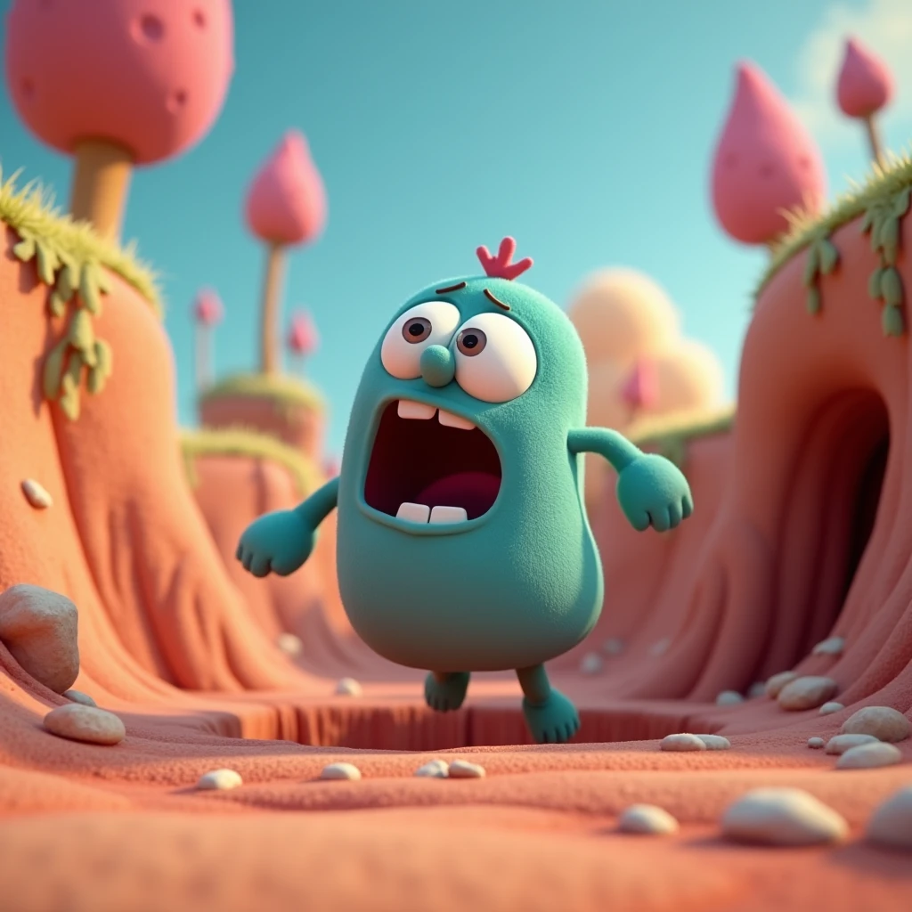 3d animation style Billu falling into the pit, his legs up in the air, shocked expression on his face.
