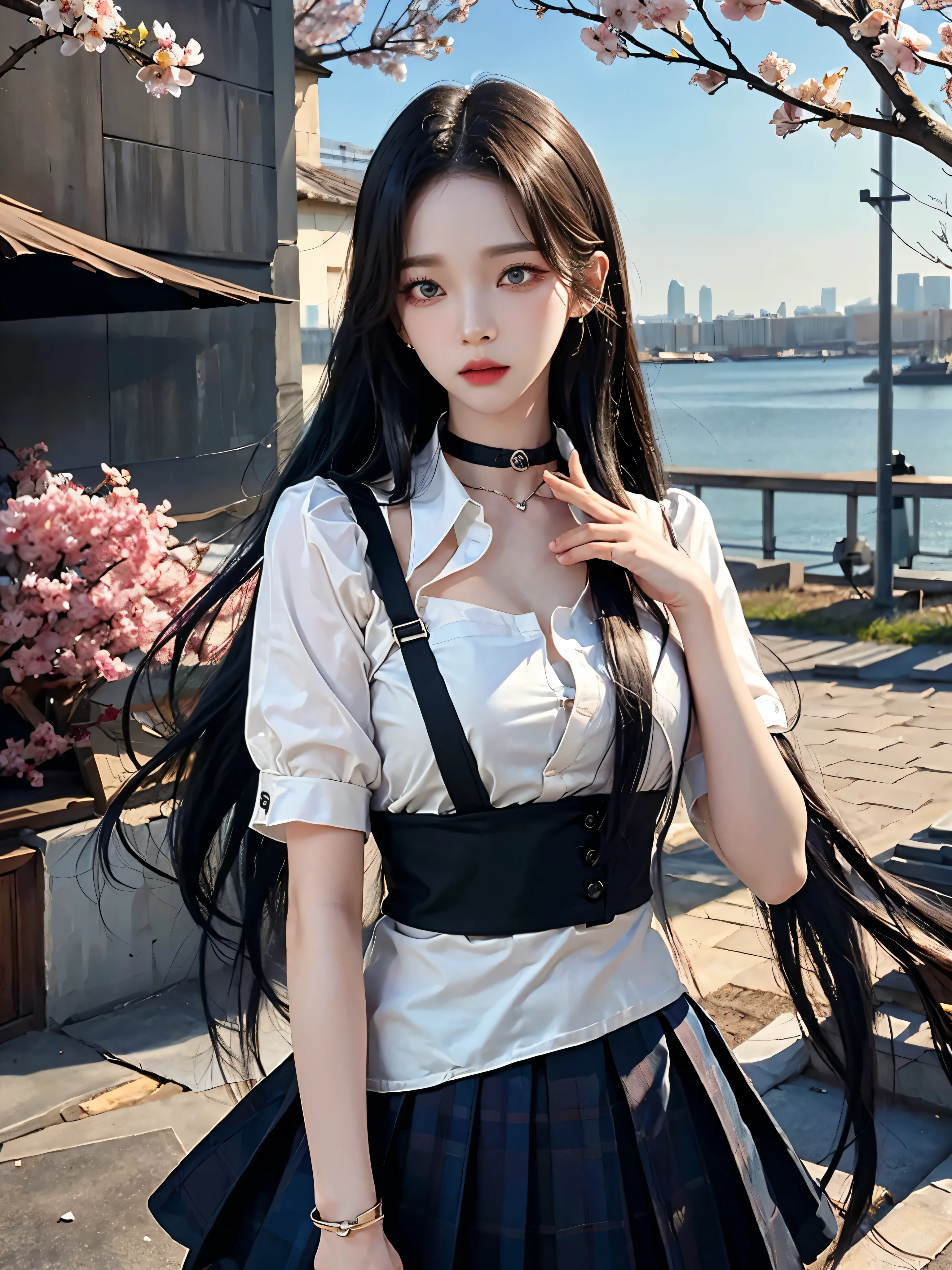 큰 chest, 젖어서 chest이 보이는 흰색 shirt, masterpiece, best quality, whole body, 1 woman, forehead, black choker, black necktie, blond hair, blue skirt, blush, bracelet, chest, choker, clothes approximately waist, clavicle, collared shirt, cowboy shot, dress shirt, ear piercing, eyebrows visible through hair, gradient hair, 이를 드러내고 laugh, fix, bijouterie, Kogal, long hair, looking at viewer, loose necktie, necktie, piercing, plaid, plaid skirt, pleated skirt, red eyes, ring, , shirt, skirt, laugh, alone, distance, sky, Cherry Blossom, petal,illustration, (Magazines:1.3), (sheathe-style:1.3), fashionable, female, vibrant, outfit, posing, front, fancy, dynamic, background, coercion, confidence, expression, possession, name, accessories, majestic, coil, approximately, touch, scene, texts, sheathe, brave, attracting attention, title, Refined, font, catchy, headline, bigger, striking, modern, Trend, Concentrate upon, fashion,
