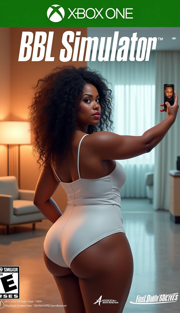 A XBOX video game disc cover, in the style of Flight Simulator, the front depicts an urban African American woman in a skin tight short white dress, curvaceous, large big wide hips and extreme over exaggerated backside, posing taking a selfie, ((The heading main is, ("BBL Simulator":1.5) at the top, and the subtitle below the main title says, ("To Trick the $imp":1.5))), masterpiece, 4k, photorealistic, flight simulator font, half and half background, the first half is a Las Vegas Hotel room, and the second half is an unlicensed cheap rundown style doctor's office in the background, Drizzle-Drizzle Game Studios logo on the bottom of cover, and Pass-Port-Bros Game Engine logo,.