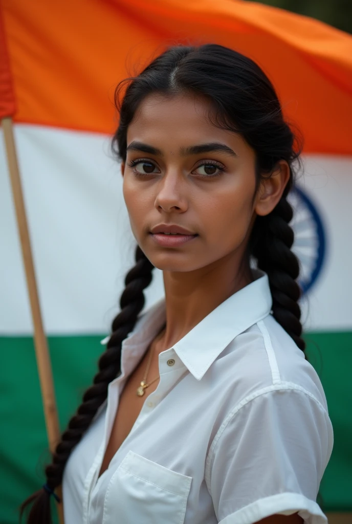 a college girl holding indian flag in plain white collar shirt and two long braids, closeup pic realistic