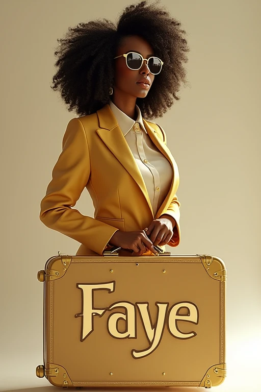 Create a girl wearing Mafia outfit wearing gold and white combination and curly hair, sunglasses and handle a suitcase name "Faye"3rd curve style on it be careful to the spelling of each letter on it