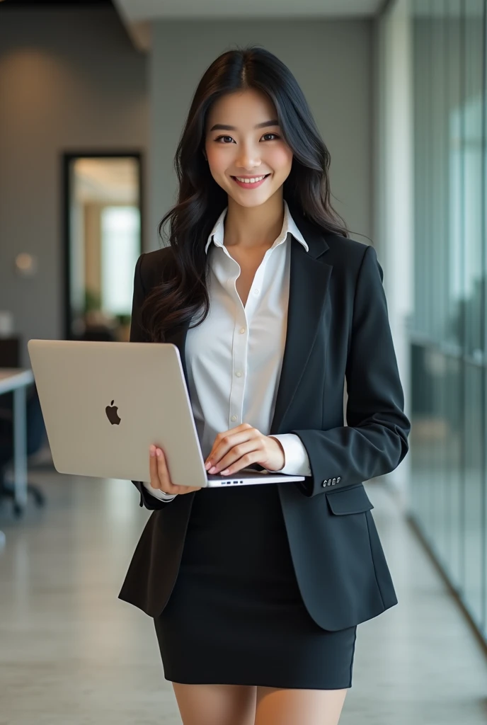 Create an image of an 18-year-old Asian businesswoman standing and working on a MacBook. She is smiling with a cute and charming face. The image is full-body, with a slightly revealing outfit, showcasing a youthful and modern appearance.