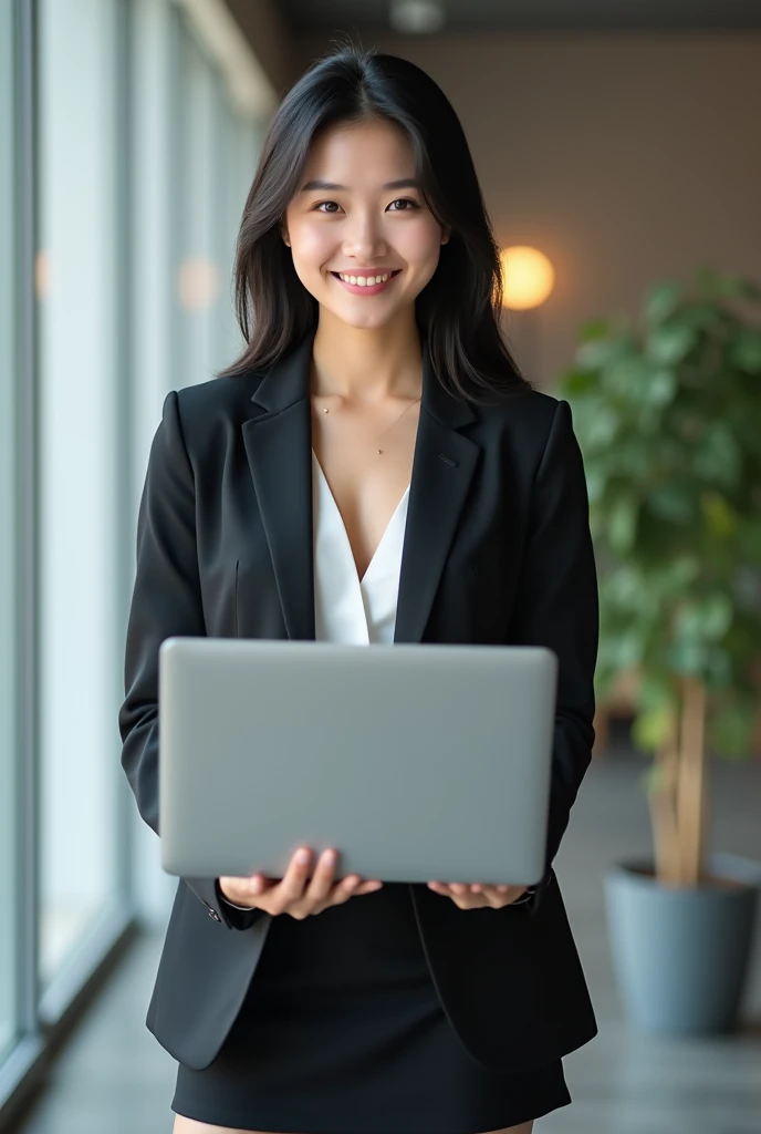 Create an image of an 18-year-old Asian businesswoman standing and working on a MacBook. She is smiling with a cute and charming face. The image is full-body, with a slightly revealing outfit, showcasing a youthful and modern appearance.