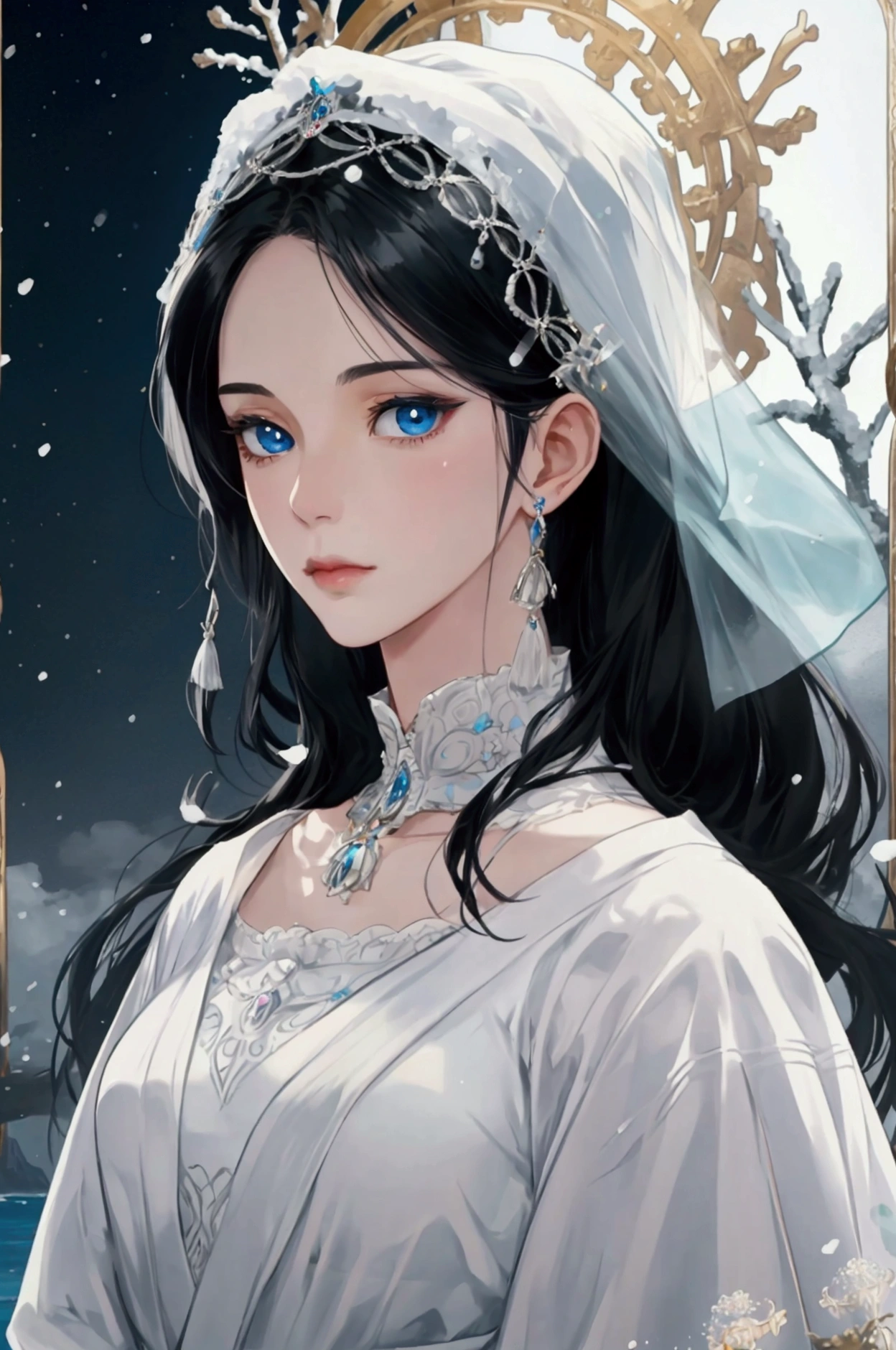 snow-white skin, black hair, sea blue eyes, Middle-Aged Woman, beautiful, jewellery, Noble, Antiquity, Anime Style