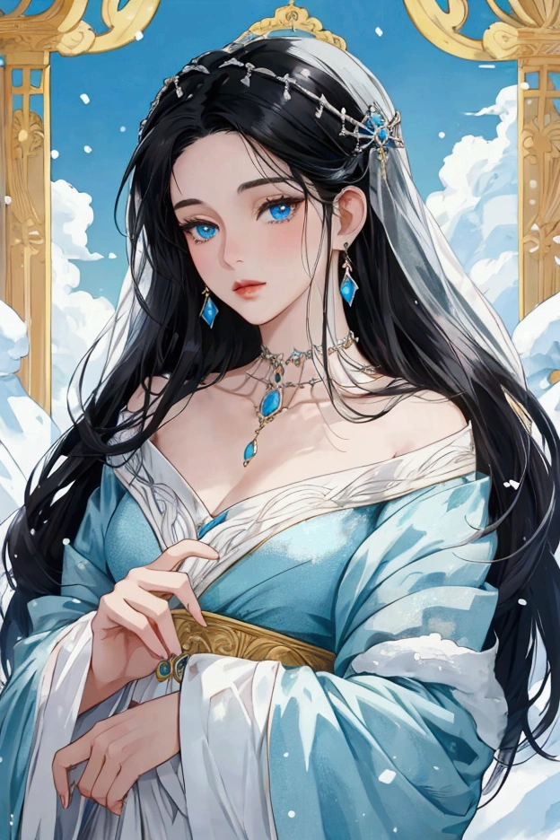 snow-white skin, black hair, sea blue eyes, Middle-Aged Woman, beautiful, jewellery, Noble, Antiquity, Anime Style