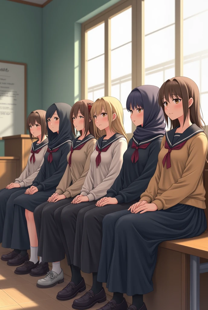 SIX girls in school dress are sitting on a low bench inside a class room one of them wear a Hijab 