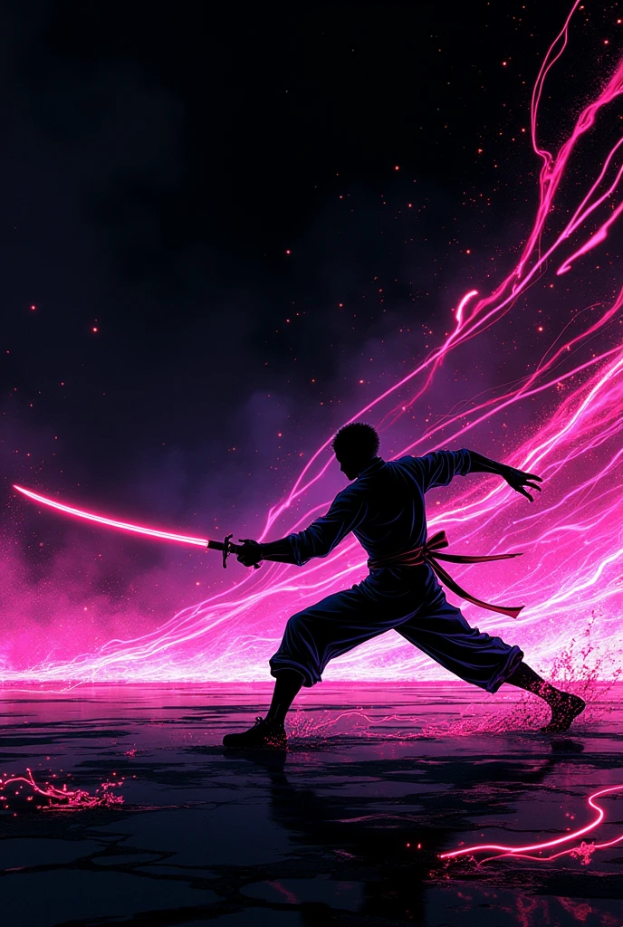 ((Best Quality)), ((masterpiece)), ((detailed)), ((High Definition)), an aura of sword thrusts in anime style, all the neon color, with the black silhouette of a simple person in the center, dynamic movements, fighting pose, forward lunge, that leaves a lingering image. With a black background.