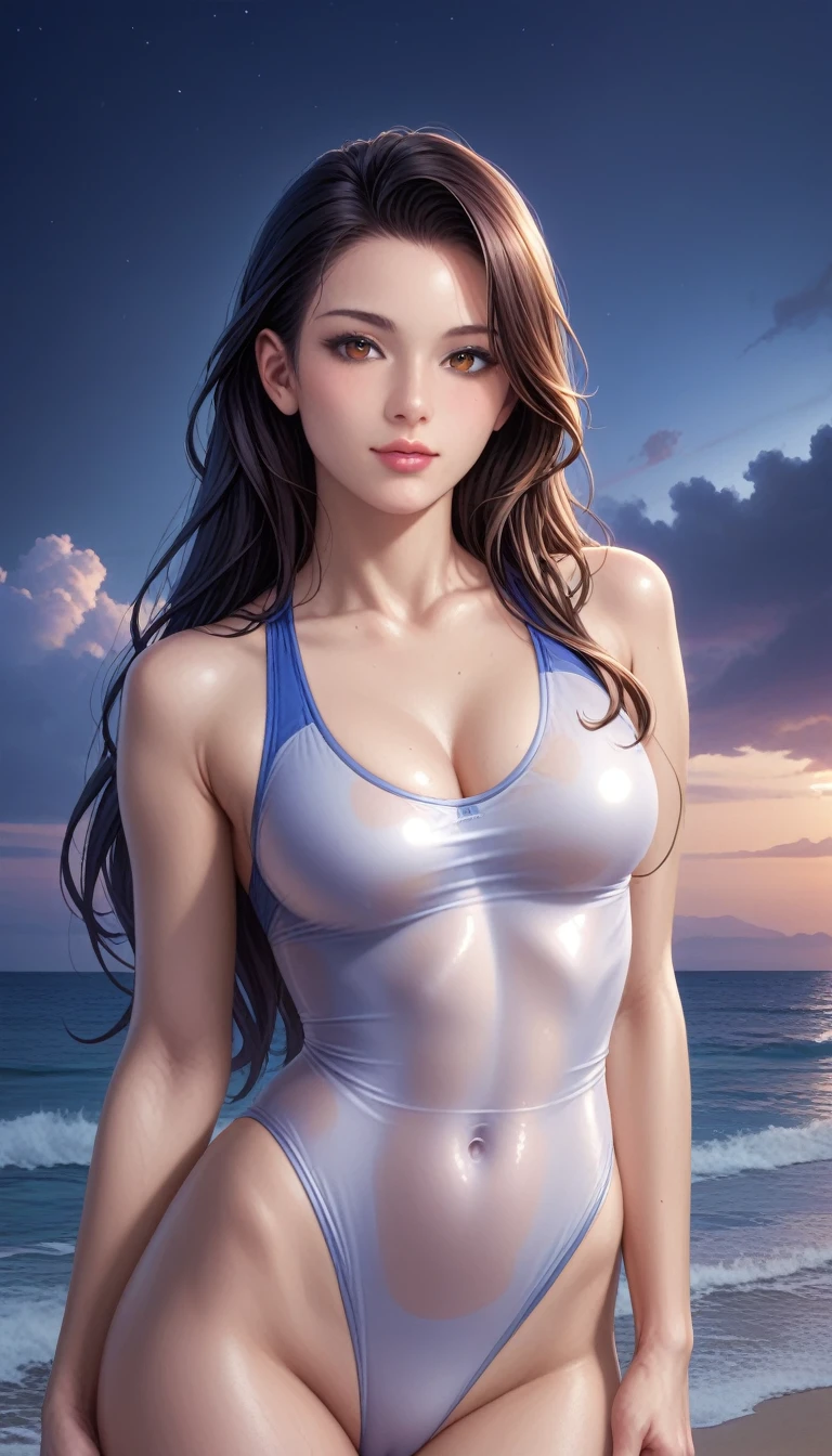 score_9, score_8_superior, score_7_superior, High-resolution CG illustration,A masterpiece in 32K resolution,Highest quality,it is really amazing,Very detailed,Ultra-high resolution,Ultra-realistic,Realistic,Increased depth of field,Cinematic lighting,
Sexy mature Japan woman,
Straight long hair with black hair,Ultra-detailed and beautiful face,Calm and gentle look,Beautiful brown eyes,Translucent white skin,Realistic skin texture,Great proportions,
Sexy high leg swimsuit,
Artistic design,Chic color scheme,Detailed fabric texture,
Dark overcast sky on a dull night,Dark clouds filling the sky,Thundercloud,Coastline at night,Stormy seas,delay々A desolate sandy beach that continues,
Chest up,Cinematic Angle,