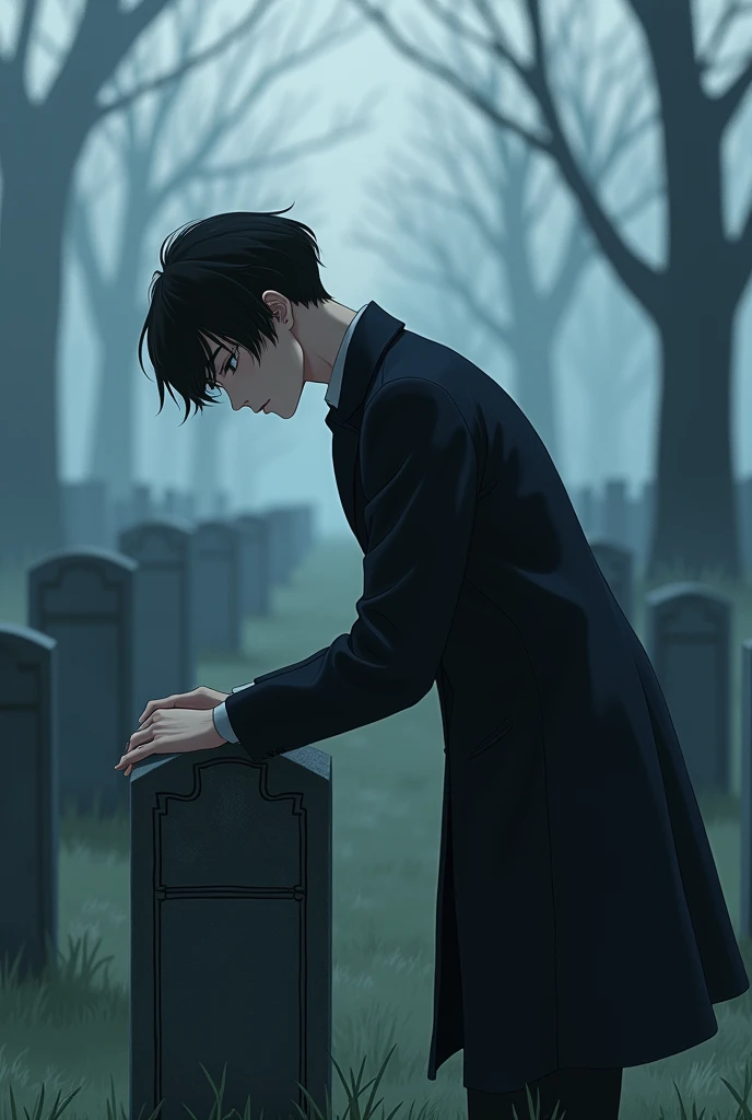 I HAVE A EVERYTHING TO DO, An anime MAN of at least 19 or 20 years old, black hair wearing a coat, leaning in the cemetery, he looks sad. he looks towards the grave. anime art
