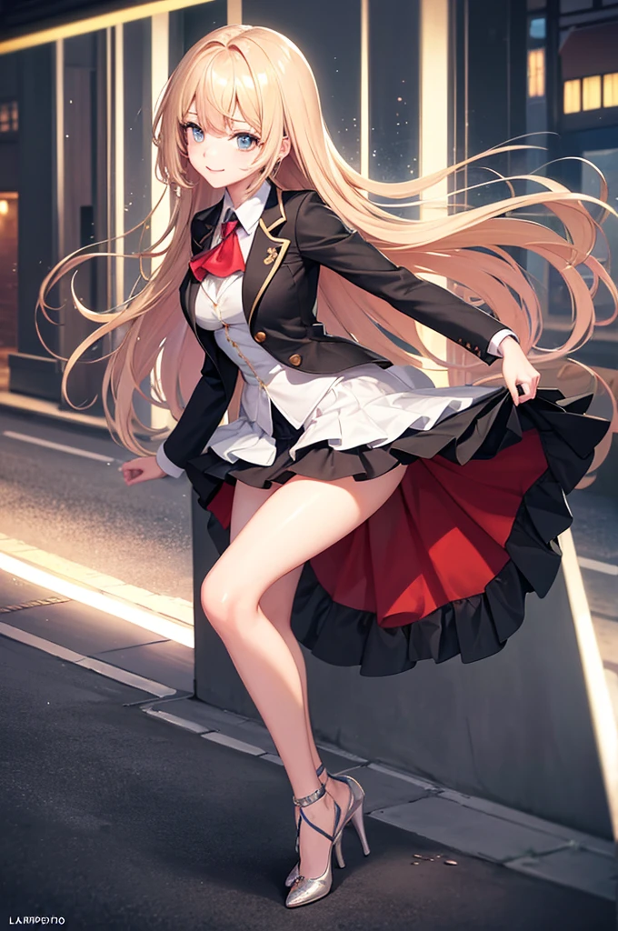A beautiful arafed girl in a skirt and heels walking on a narrow street, (lamplight), (A high resolution), (8K), (The content is very detailed), (Best Best Illustration), aqua eyes, (beautidful eyes), glossy lips, (quality), (ultra - detailed),(masterpiece), (wall-),（A detailed的the face), solo, 1 girl in, looking at viewert, Fine and detailed, A detailed的the face, In the darkness of the night, Depth shadows, low pitch, purebred face_v1, A smile, long hair, Black shawl, wavy hair, 46 points oblique bangs, female student, (Brightly colored mini skirt, white panties, What about the lattice), A smile, big rounds breasts, actual, realistically, hight contrast, photon maping, Authentic images, super detailing, low angles: 1.5, 1 girl, Alone: 1.5, pop star, Kaibo idol, dress up like k-pop, sexy for, Open your legs forward, Fancy makeup, blazer jacket: 1.3, short  skirt: 1.3,, high-heels, M-shaped open legs: 1.3, Open your legs 180 degrees, with an open crotch: 1.3, long dar brown hair, wet white: 1.5, You can see it from under the skirt: 1.3, Height 170 cm,ctextured skin