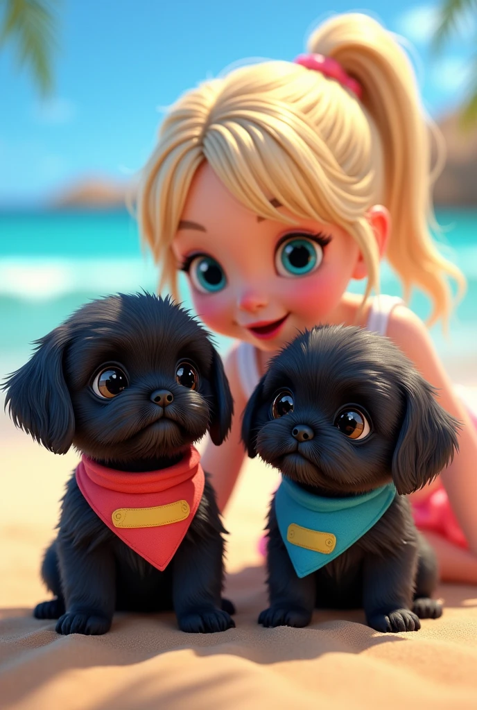 2 cute adorable black shih tzu puppies, cute blonde girl, extremely detailed beautiful eyes, detailed lips, longeyelashes, wearing colorful collar and bandana, playing with water guns, 3D Pixar style, beach scene, photorealistic, (best quality,8k,highres,masterpiece:1.2),ultra-detailed,(realistic:1.37),HDR,vivid colors,studio lighting