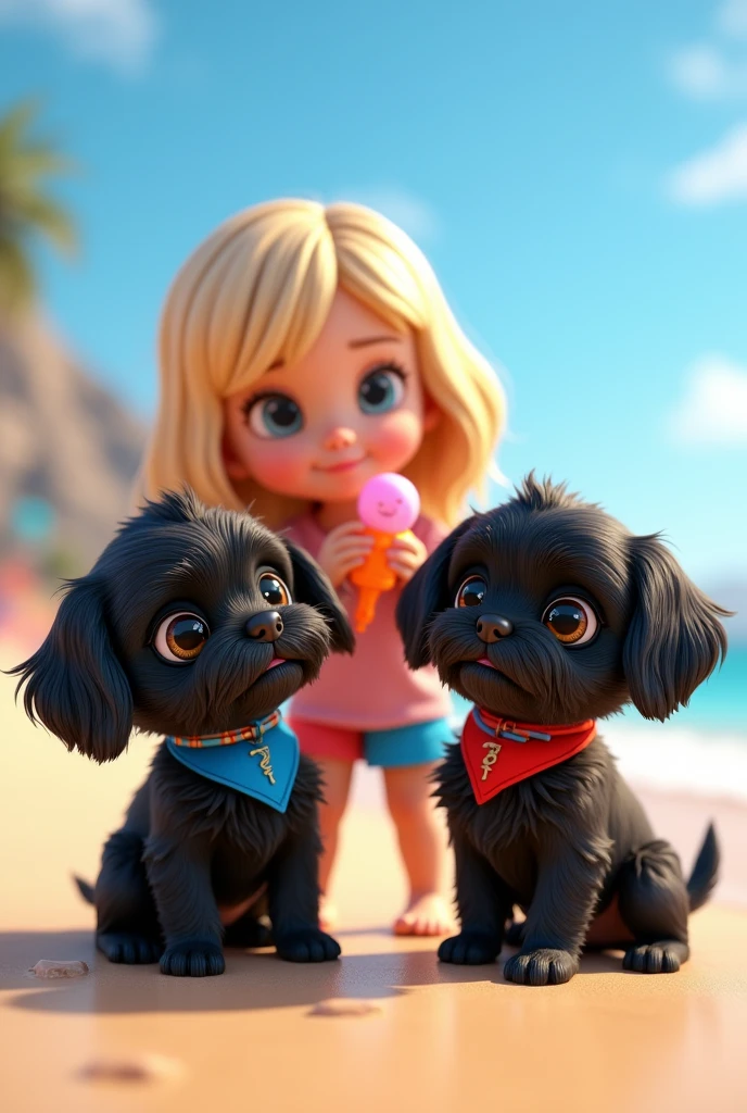 2 cute adorable black shih tzu puppies, cute blonde girl, extremely detailed beautiful eyes, detailed lips, longeyelashes, wearing colorful collar and bandana, playing with water guns, 3D Pixar style, beach scene, photorealistic, (best quality,8k,highres,masterpiece:1.2),ultra-detailed,(realistic:1.37),HDR,vivid colors,studio lighting