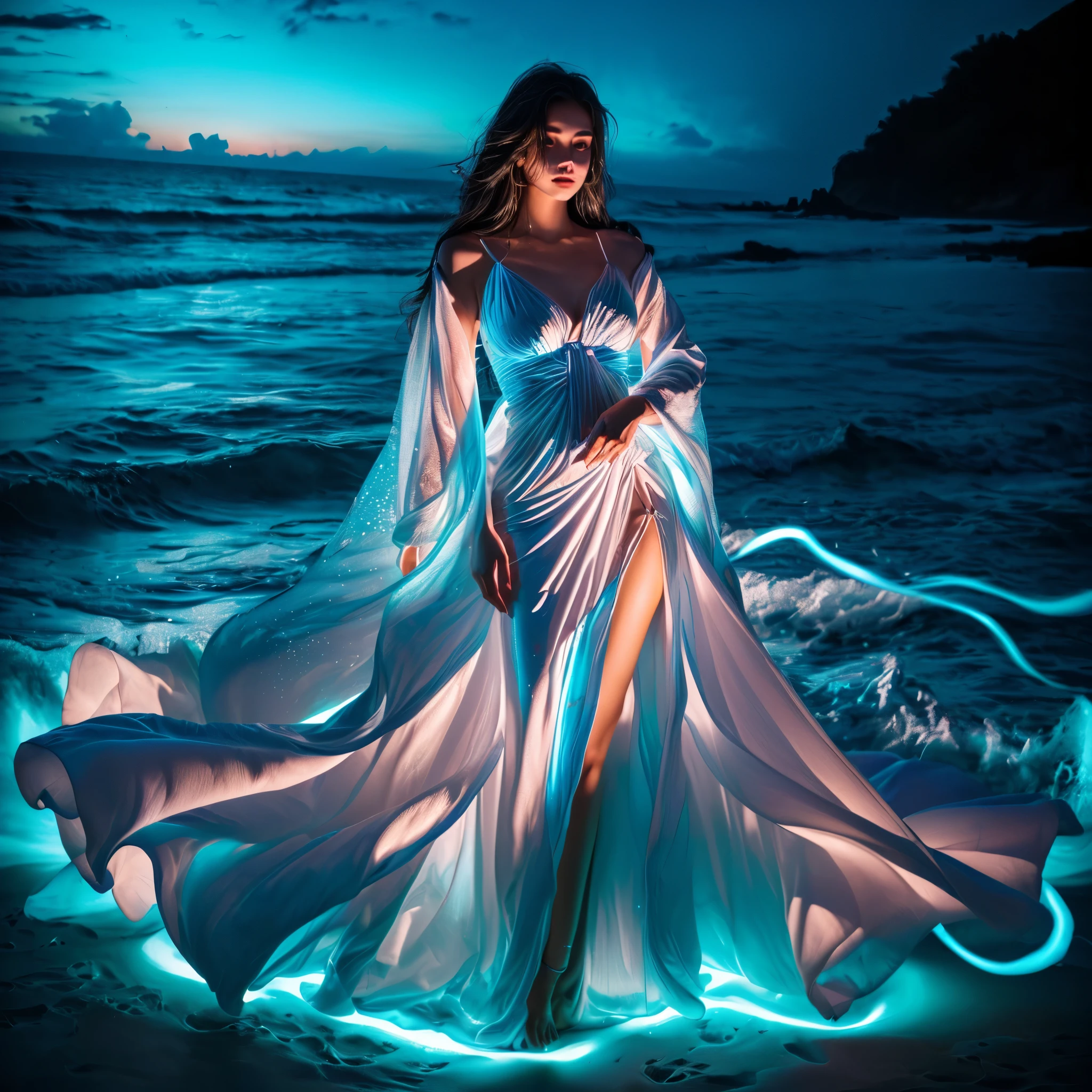 Young woman in a glowing dress is standing on the beach, flowing magical robe, lady with glowing flowers dress, luminous dress, light dress, blue swirling dress, glow wave, dress made of neon light, glowing flowing hair, magical dress, flowing robes, glowing with magic, luminescent fabrics, glowing oil, rippling fabric of reality, glowing liquid