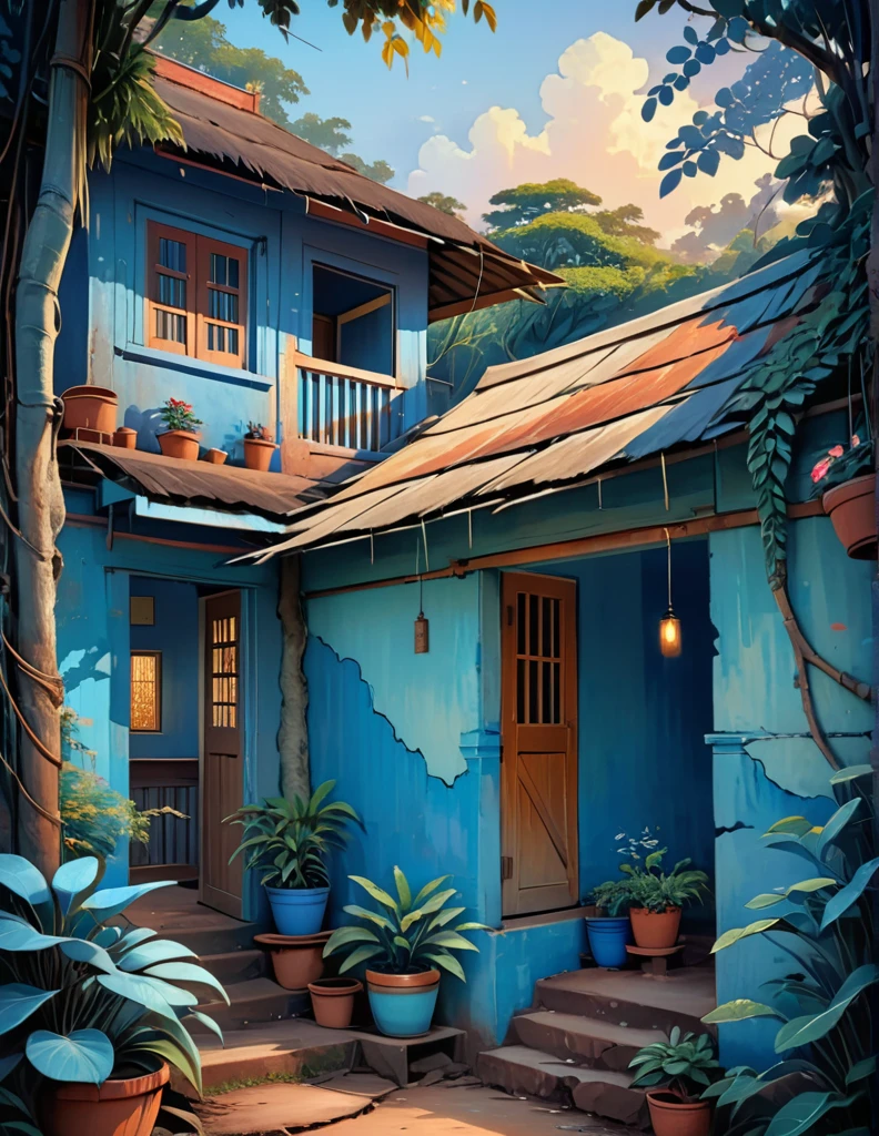 wide view, indian hut, cracked walls, blue faded paint, stairs, banyan tree outside, blue pinkish sky, evening time, earthy tones, clothes hanging on wire, windy, plant pots outside, old broken small gate, mud verandah, shed, cozy atmosphere, micro landscape, intrinsic details, masterpiece