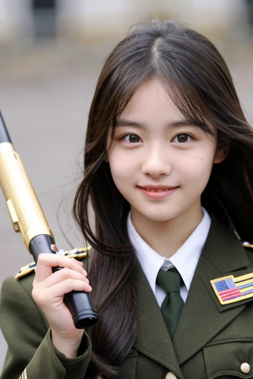 Pretty 19 year old girl, smile, look innocent and beautiful, big brown eyes, long messy black hair , rosy cheeks, military uniform, gun