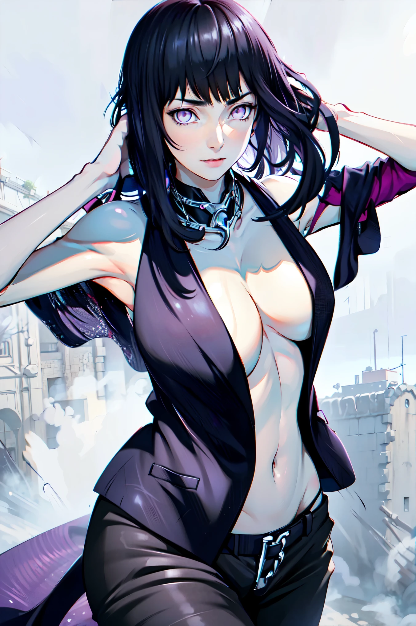 masterpiece,stunning realistic,best quality,sharpness,sharp face,smil，Photo of the fully body
black long hair，purple eyes,big ,tanktop,breast,Side breasts,cargopants with many pockets,open bellybuttons,opened up lags,black cloak,silver necklace,silver chain,black gloves
