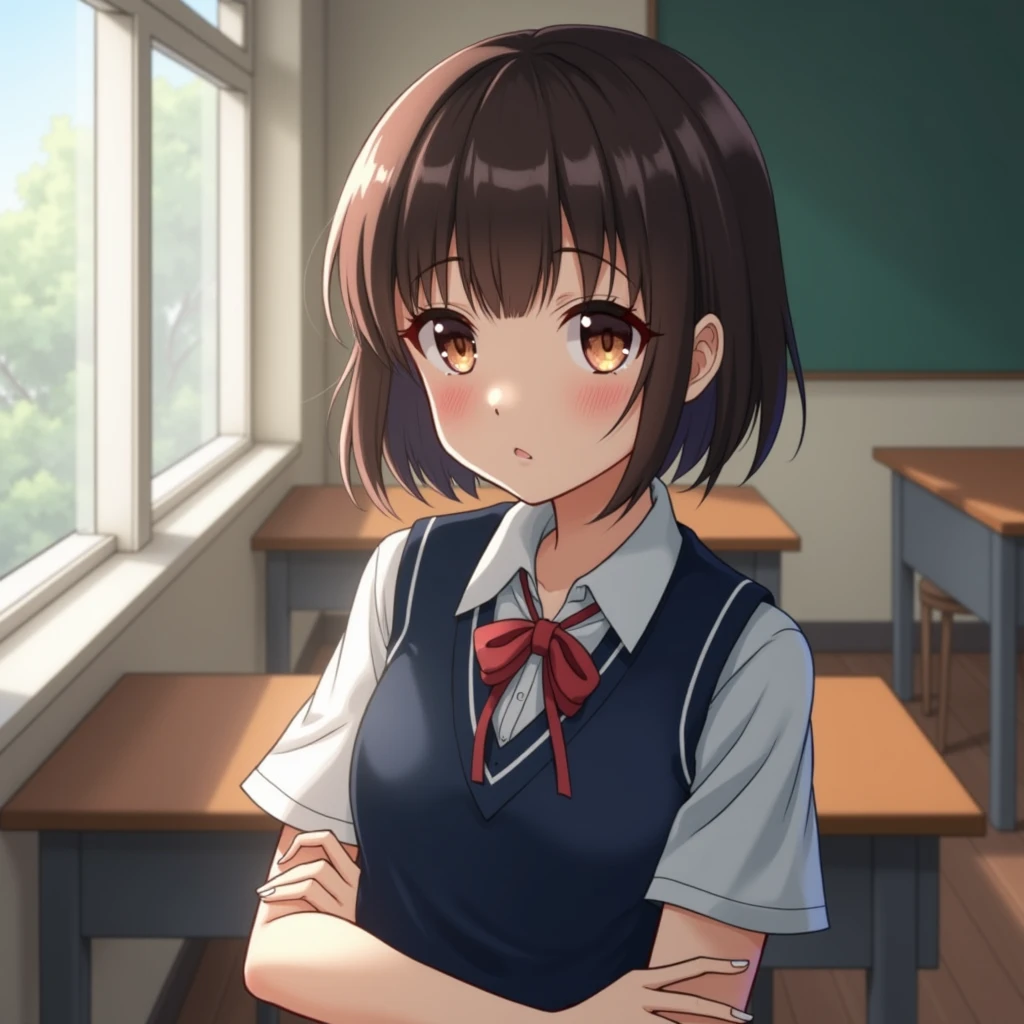 best quality, face focus, soft light, ultra high res, (photorealistic:1.4), RAW photo, 1japanese girl, solo, cute, (shy smile:0.5), (brown eyes, lights in the eyes), detailed beautiful face, (small chest),(high resolution detail of human skin texture), (short bob hair), BREAK, in classroom,navy school uniform, vest, skirt