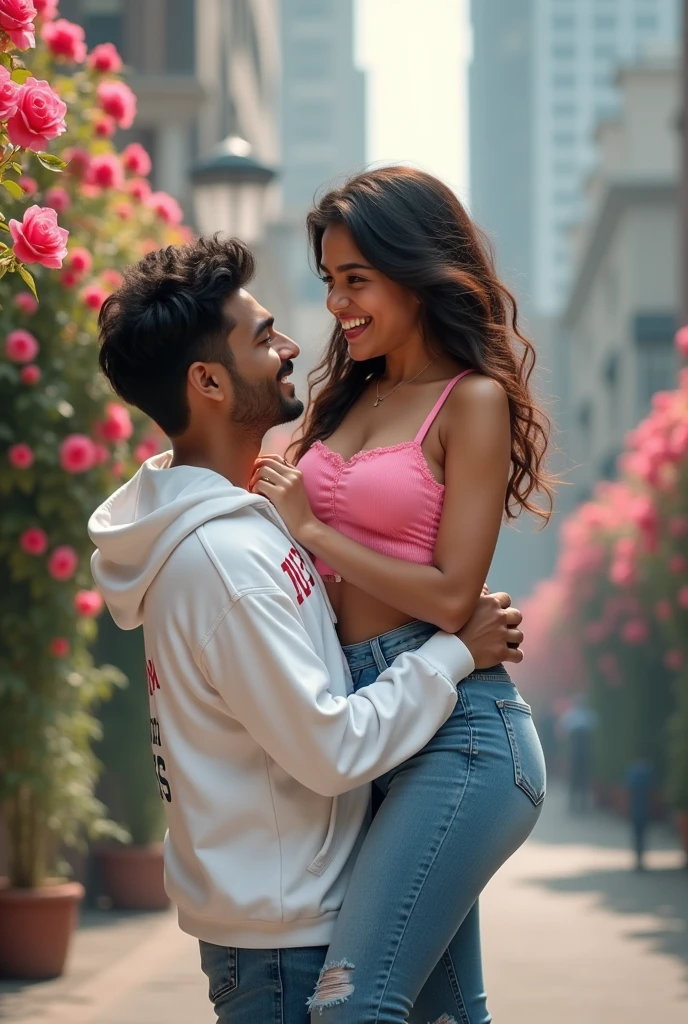 Realistic indian Playful teenage 25 year cute boy lifting laughing teenage girl in 22 year beutifull girl with girl Pink colour hot top and jeans on the road with happy an rose and a on, wearing a White hoodie with name "Deva" boy, with back background with big capital letter name "Sweety", loving mood, hyper realistic.8k.
