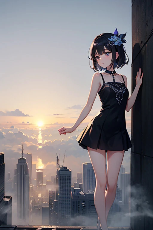 Highest quality、Black Hair、Iris、short hair、Women、cute、、、Small hair ornament、1 person、Mini skirt dress、Mysterious fog、In the fog、Thick Fog、In the city