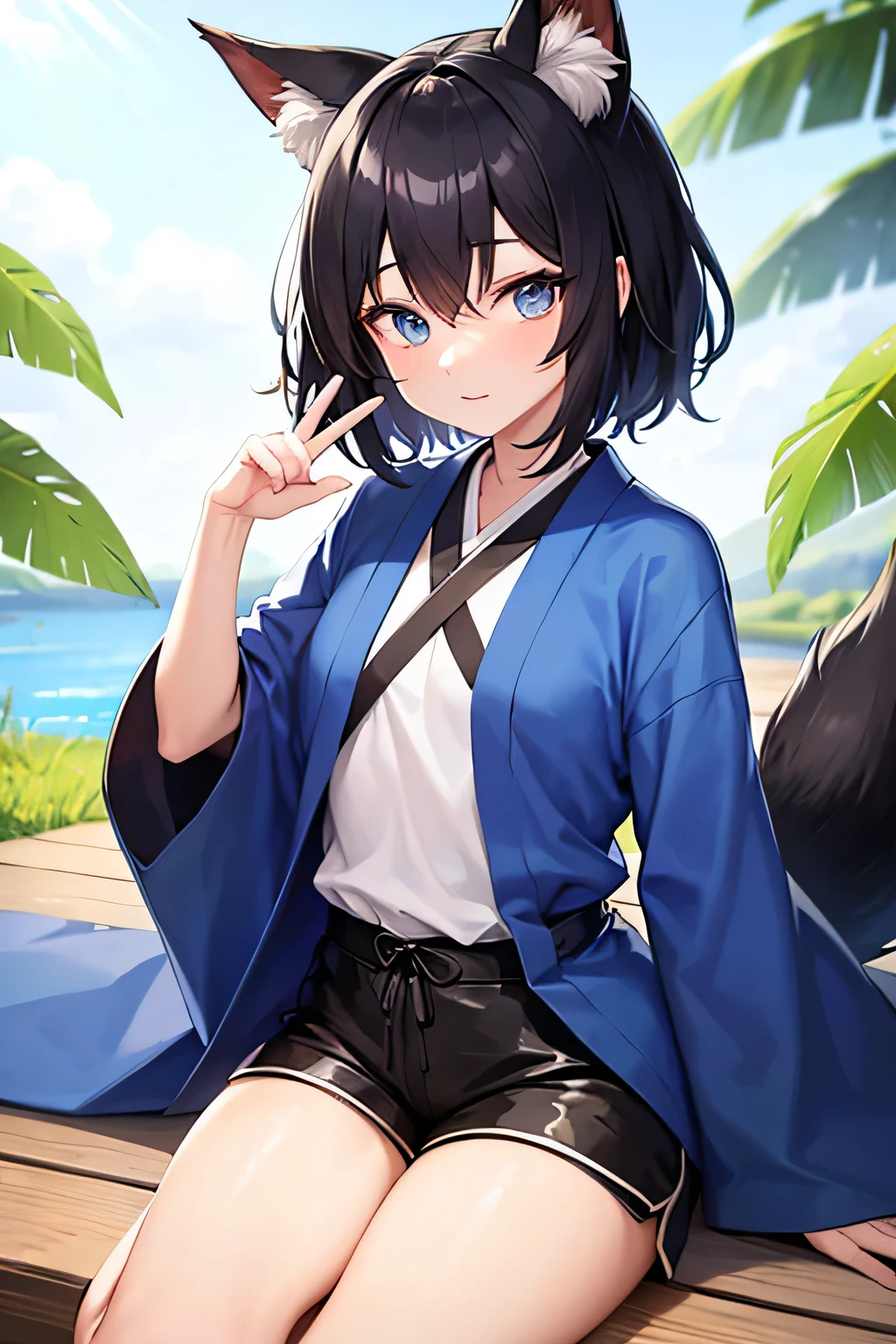 1 person,Black Hair,Boyish appearance,About,Fox ears,kimono,A haori with a butterfly wing pattern,Shorts,Unknown gender,Azure blue eyes,Slightly tanned skin,Blue butterfly motif
