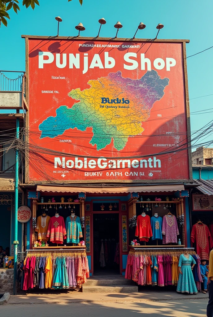Create image of a hoarding of garments shop, shop name is Punjab readymade garments, its location is punjab, india, add a map of punjab which is located in India also on the hoarding