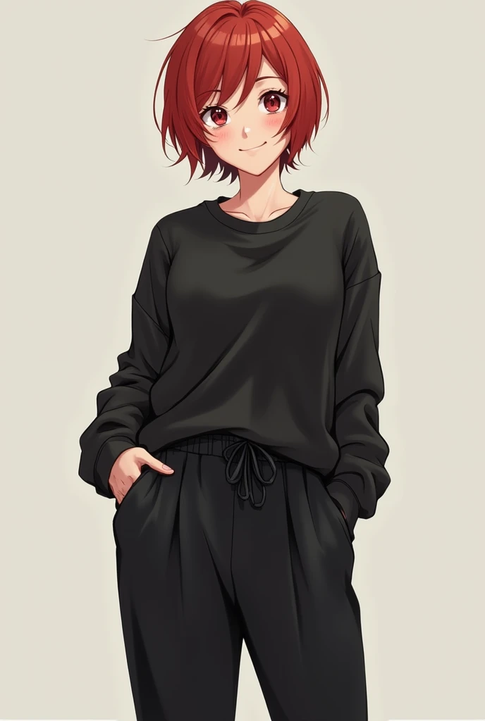 tomboy, with short red hair, fair skin and barely noticeable breasts, wearing baggy black clothes, with dark eyes and a perfect smile, striking a pose and wearing wide black pants 