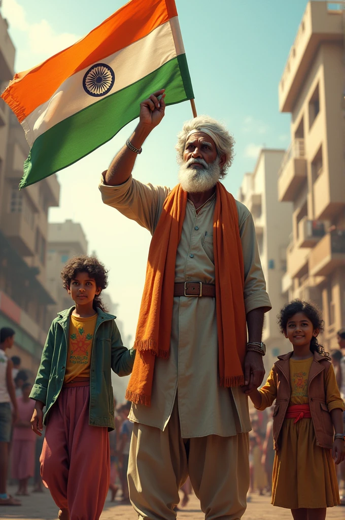 A mullah named Aftab is celebrating Independence Day and saluting the Indian flag. His children are also standing with him. His children's names are Uzaifa, the second son's name is Yusuf and the third son's name is Afsan!