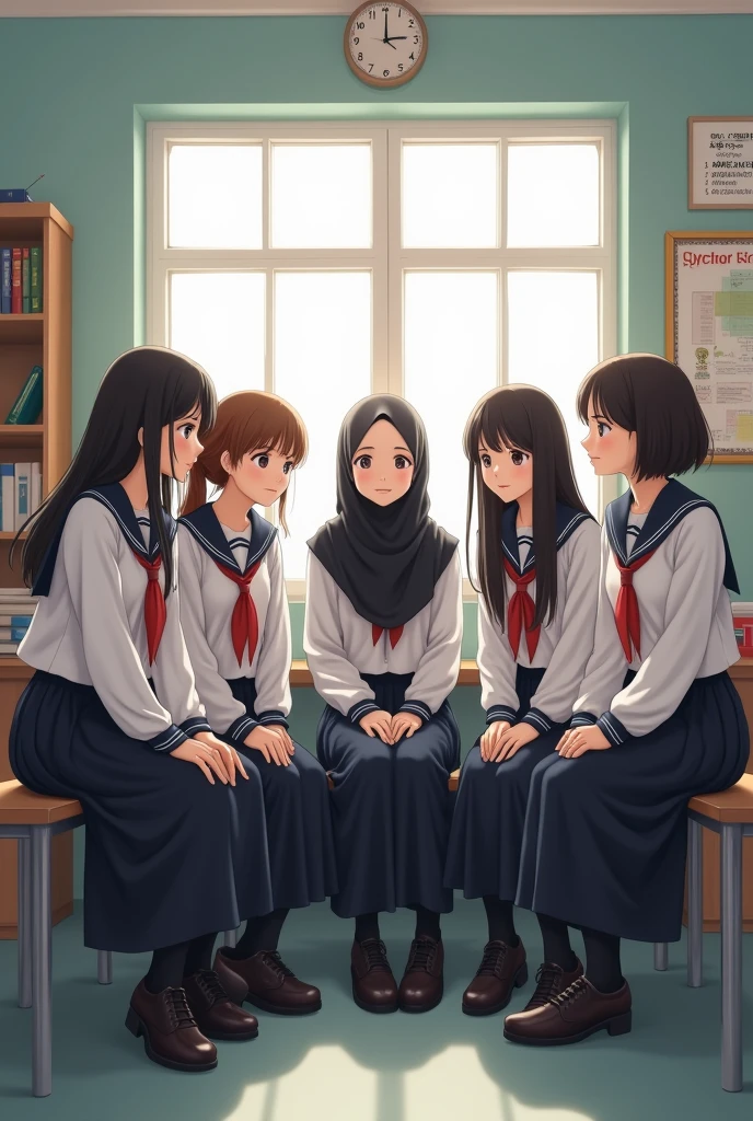 SIX girls in school dress are sitting on a low bench inside a class room one of them wear a Hijab