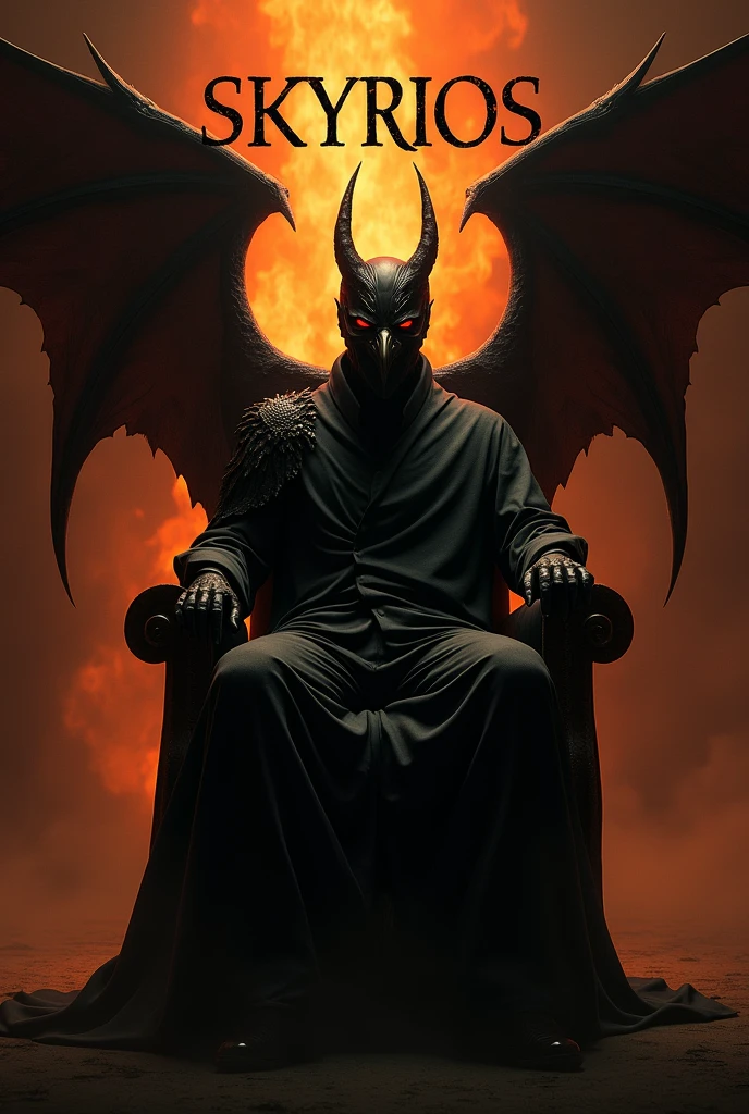 man with devil wing a mask with a bird side
sit on chair fire back ground with sign of SKYRIOS letter