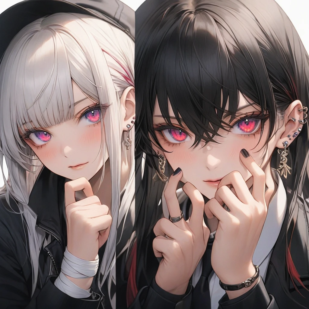 high resolution, Anatomically correct, best quality, Highly detailed, 1 woman, looking at the audience, Anatomically correct, best quality, colorful hair, Hair highlights, white hair, black hair, Uneven hairstyles, Uneven bangs, I have very long hair., full bangs, big breasts, Dark makeup, Embarrassed, Light blush on the cheeks, The left and right eyes are different colors., Close-up photography, Anime style, Jacket,Wrist bandage,blood on face,thug,mafia,adult body,Sharp eyes,Multiple ear piercings