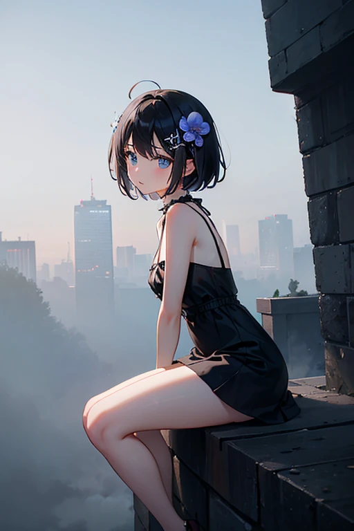 Highest quality、Black Hair、Iris、short hair、、cute、、、Small hair ornament、1 person、Mini skirt dress、Panty shot、Mysterious fog、In the fog、Thick Fog、In the city、A melancholic look